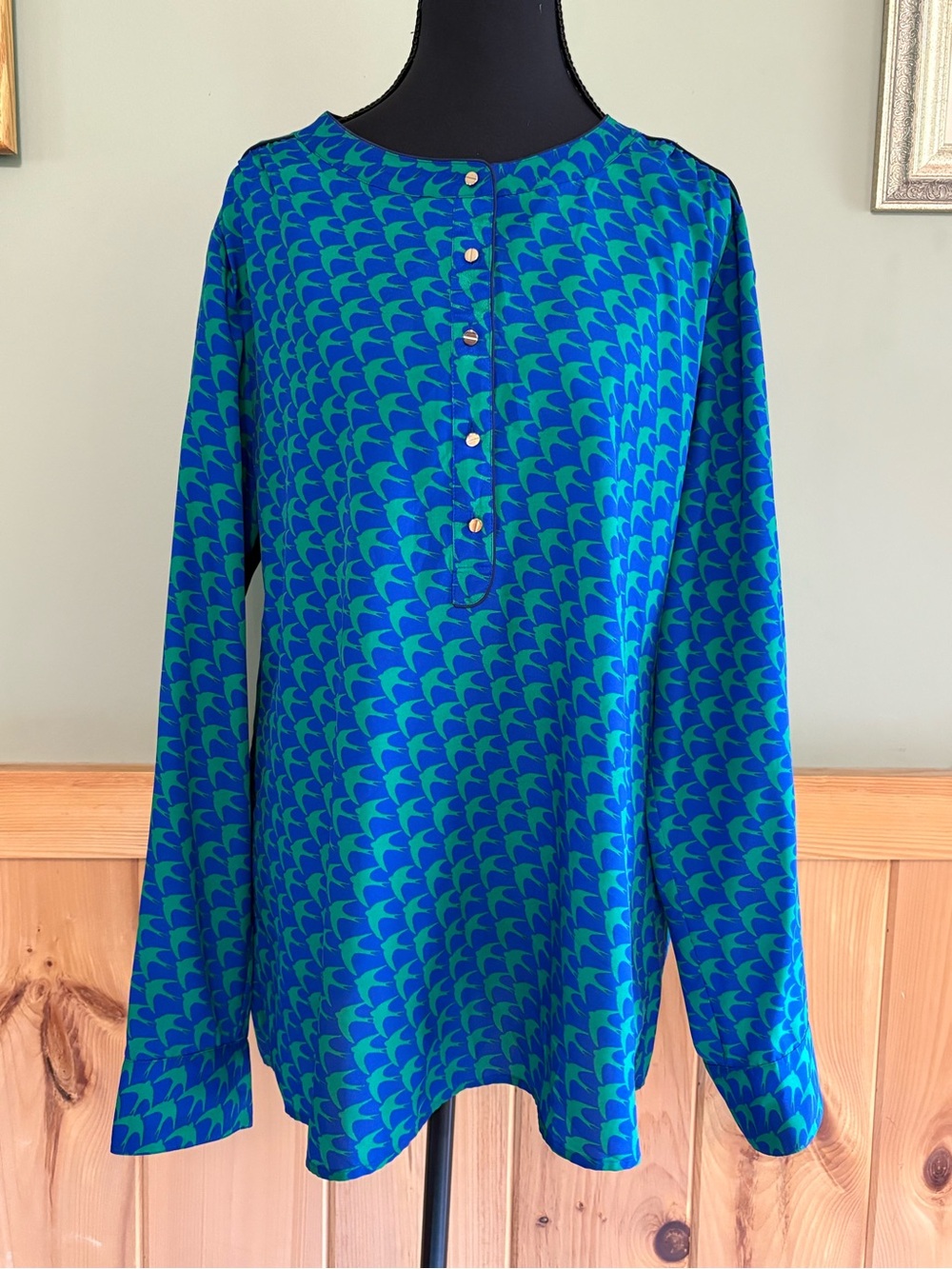 Banana Republic Blue & Green Printed Long-Sleeve Blouse Bird Print Size XL